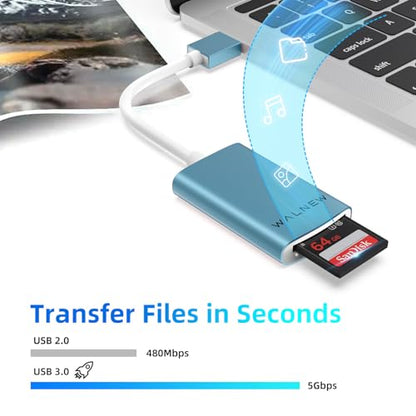 WALNEW USB 3.0 Micro SD Card Reader with Dual Slots, Memory Card Reader | Supports SD/SDXC/SDHC/Micro SDXC/TF/UHS-I, For Mac, Windows, Android, Laptop, Camera - color: BLUE