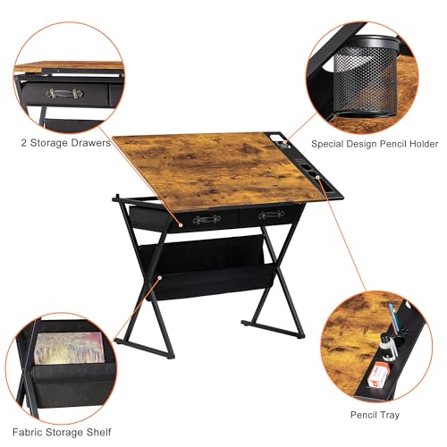 VECELO Drafting Table Art Desk Art Table Adjustable Drawing Table Tilted Tabletop with 2 Storage Drawers and Stool, Drawing Desk for Artist Painters Drawing, Crafting, Reading, Writing, Rustic Brown - color: Rustic Brown