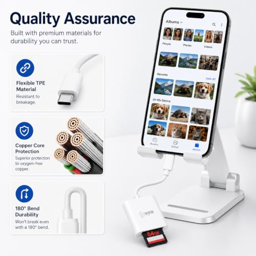 SD Card Reader for iPhone17/16/15 Pro Max/iPad/MacBook, Android Phones | USB C, Support SD, Micro SD & TF Card, Plug and Play, No App Driver Required, USB C SD Cards Reader for Camera Viewer - color: White