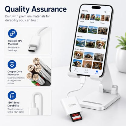 SD Card Reader for iPhone17/16/15 Pro Max/iPad/MacBook, Android Phones | USB C, Support SD, Micro SD & TF Card, Plug and Play, No App Driver Required, USB C SD Cards Reader for Camera Viewer - color: White