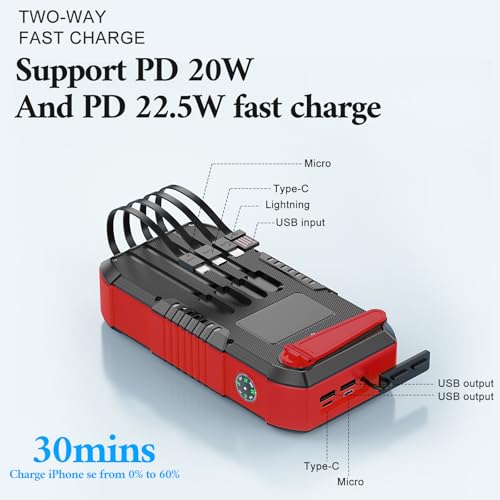 Solar Power Bank 66800mAh Built in Hand Crank and 4 Cables 22.5W Fast Charge,Camping Essentials/SOS/Strobe/Strong Flashlights,Compass Solar Portable Charger Power Bank (Red) - color: red