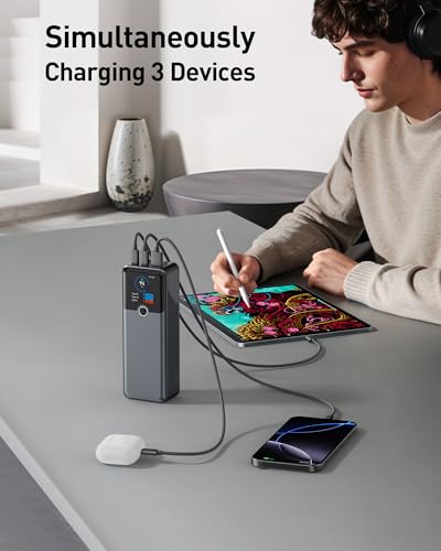 SIXTHGU Laptop Power Bank, 3-Port 20,000mAh Portable Charger with 200W Max Output, PD 3.1 Fast Charging, Flight-Approved for Travel, PowerTower, for MacBook, iPhone 17/16 Series, and More(Grey)
