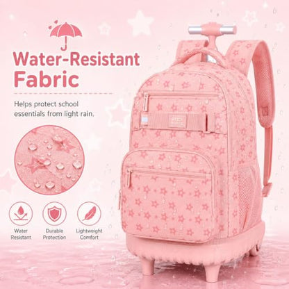 3Pcs Rolling Backpack for Girls Women, School Kids Roller Bookbag with Wheels, Wheeled Backpacks Set for Elementary (Pink) - color: Star Pink