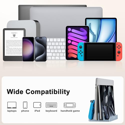 JARLINK 4-in-1 Adjustable Vertical Laptop Stand Holder, Aluminum Dual Slots Laptop Rack for Desk, Space-Saving Organizer Compatible with All MacBook, Surface, Chromebook, and Gaming Laptops (Grey) - color: Gray