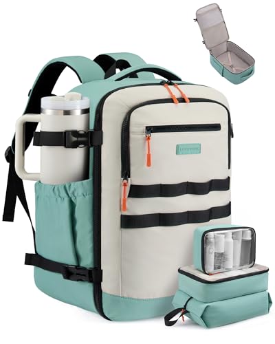 LOVEVOOK 50L Travel Backpack for Women & Men, TSA Approved Carry On Backpack with 3 Packing Cubes, Waterproof Personal Item Bag Fits 17 Inch Laptop, Weekender Essentials Overnight Backpack for Trip - color: Green & White, size: 50L-4PCS