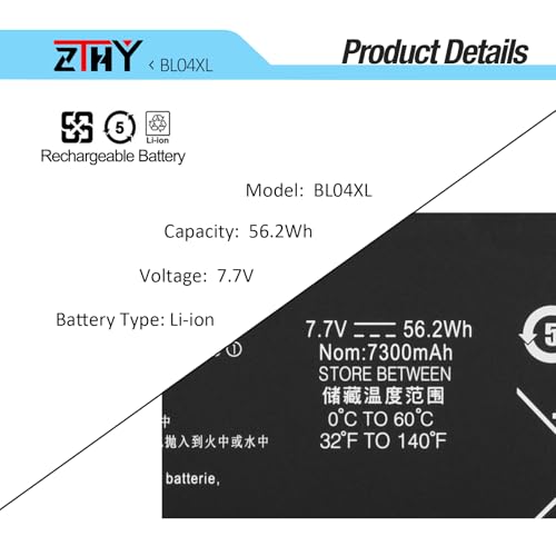 56.2Wh BL04XL Laptop Battery Replacement for HP EliteBook X360 1040 G5 G6 | BL04056XL HSTNN-UB7N HSTNN-DB8M HSTNNUB7N L07041855 L07041-855 L07353-2C1 L07353-241 L07353-541 7.7V 7300mAh 4Cell - size: 11.54*3.7*0.2 inch BL04XL