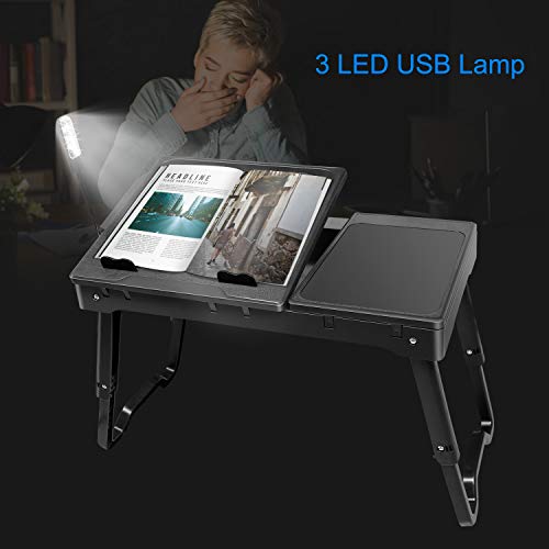 Foldable Laptop Bed Tray Desk Adjustable Lap Table Notebook Desk | Cooling Fan Mouse Board USB Ports LED Light Laptop Stand for Bed Sofa Couch