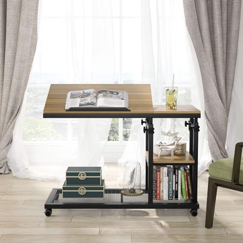Tribesigns Height Adjustable C Table with Wheels, Mobile Couch Snack Side Table with Tiltable Drawing Board, Sofa Bedside Laptop Stand C Shaped TV Tray with Storage Shelves (Black+Oak) - color: Black+oak