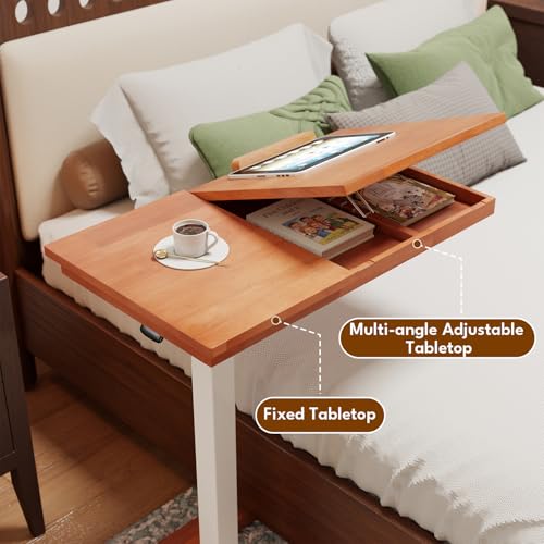 28" W x 16" D Tilt Desktop Overbed Table with H-Shaped Sturdy Base, Premium Rubberwood with 360° Concealed Casters, Moveable Bedside Table for Home,Office,Hospital Use (Wood) - color: Wood, style: Tilt