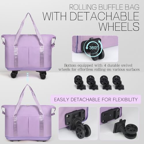 VOOWO Duffel Bag with Wheels - Rolling Foldable Expandable Duffle Bag with Wheels for Travel, Rolling Luggage Bag Carry On Travel Bag with Wheels, Large Wheeled Overnight Weekender Bag (Light Purple) - color: Light Purple