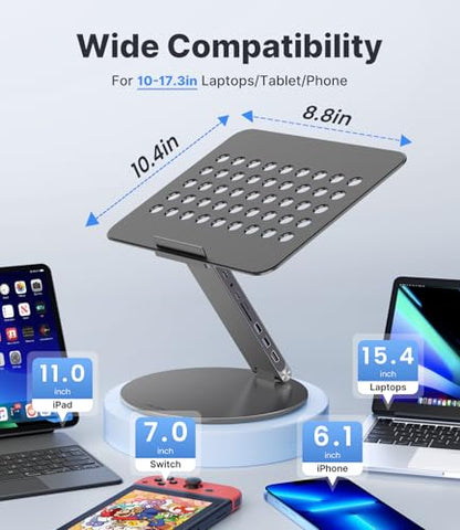 KU XIU Adjustable Laptop Stand with 8 in 1 USB C Hub, Foldable Portable Computer Notebook Stand with 360° Rotating Base, Riser Holder Mount for All 10-17" Laptops (Gray) - color: Gray