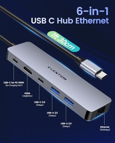 LENTION 6 in 1 USB C Hub, Ethernet, 4K@60Hz HDMI, 100W PD, USB 3.0 Adapter | Stable Driver Dock for Students & Office Staff, Fits MacBook Pro/Air, Surface, Chromebook for School, Office & Travel (C26b)