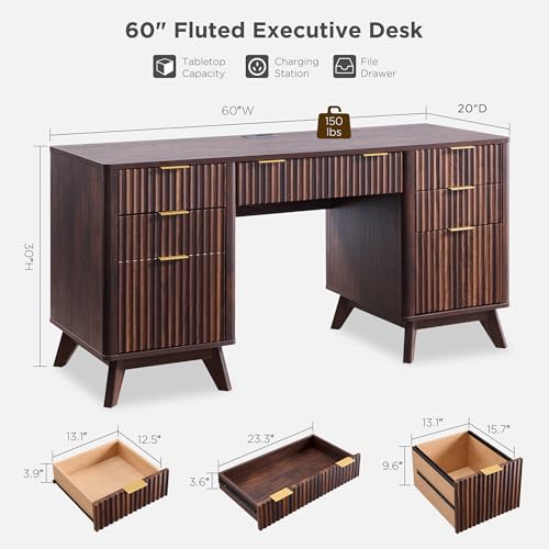 T4TREAM Fluted Executive Desk with Drawers, 60" Modern Home Office Computer Desk with Charging Station, File Cabinet, Keyboard Tray and Storage Cabinet for Study, Living Room, Bedroom, Dark Walnut - color: Walnut