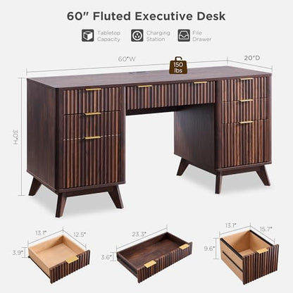 T4TREAM Fluted Executive Desk with Drawers, 60" Modern Home Office Computer Desk with Charging Station, File Cabinet, Keyboard Tray and Storage Cabinet for Study, Living Room, Bedroom, Dark Walnut - color: Walnut