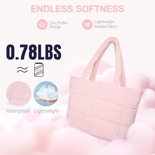NOL Large Puffy Quilted Tote Bag for Women, Lightweight with Removable Strap & Zippered Compartments for Travel & Work - color: Pink