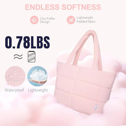 NOL Large Puffy Quilted Tote Bag for Women, Lightweight with Removable Strap & Zippered Compartments for Travel & Work - color: Pink