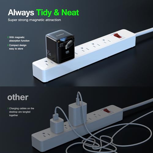 65W USB C Charger with Retractable Cable Dual Port Foldable Plug | 65W Fast Charging for Laptops Tablets and Phones, 27.5 Inch Built In Retractable USB C Cable, Dual USB C Ports