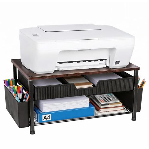 Printer Stand for Desk, Desk Organizer with Storage, Desktop Printer Table for Home Office, Multi-Purpose Shelves for Home Printer, Fax Machine, Scanner, Die-Cut Machine (Brown) - color: Brown-High