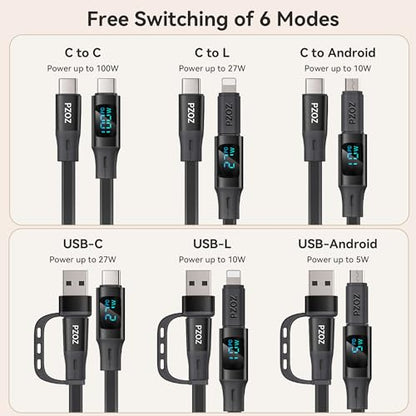 PZOZ 100W Retractable Charging Cable with LED Display, 6-in-1 USB C Fast Charger for iPhone 16/15, Samsung, iPad, MacBook, Tangle-Free Desk Organizer Cable
