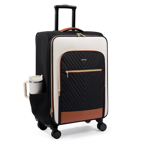 LOVEVOOK Carry On Luggage,24 Inch Carry-on Suitcase for Women,Softside Suitcases with Wheels,Rolling Checked Luggage with TSA Lock,Lightweight Travel - color: Black/White/Brown, size: 24 inch-1pc
