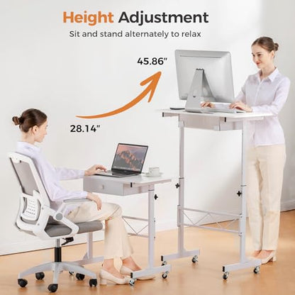 COMHOMA Small Standing Desk Adjustable Height Small Computer Desk Mobile Portable Rolling Laptop Table with Wheels 32" Computer Workstation Sit Stand Desks Portable Standing Table Treadmill desks - color: Carbon Fiber White