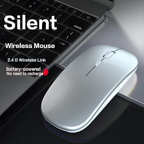Battery Wireless Mouse, 2.4G Noiseless Mouse with USB Receiver - Slim Portable Computer Mice, 3 DPI Quiet Silent Optical Laptop Mice for PC, Tablet, Laptop Notebook Computer- Silver - color: Silver 03