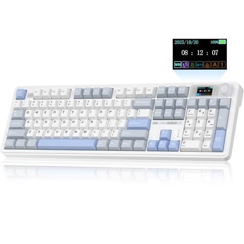 LINGBAO K108 Pro Wireless Mechanical Creamy Keyboard with Number Pad & Knob | Full Size Mechanical Keyboard with 10000mAh Battery, PBT Keycaps, Gasket Mount, RGB Backlit Hot-swap Custom Keyboard for PC - color: White & Grey & Blue