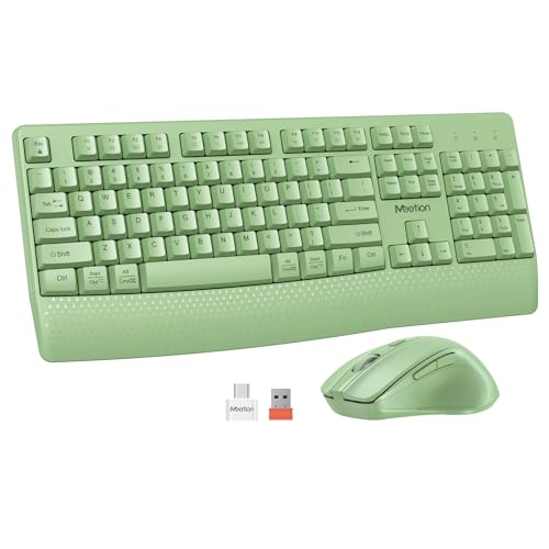 MEETION Wireless Keyboard and Mouse Combo, Full-Size with Wrist Rest, Green | 2.4GHz USB receiver, 3 adjustable DPI mouse, comfortable typing, compatible with Windows, Mac, PCs and laptops - color: Green