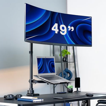 VIVO Extra Tall Desk Mount for up to 49 inch Ultra-Wide Monitor and Tray for up to 17 inch Laptop, Clamp-on Adjustable Stand Holds 44 lb Screens, VESA up to 100x100, Black, STAND-V102T-L