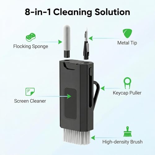 8-in-1 Electronics Cleaning Kit, Multifunctional Earphone Cleaning Pen with Soft Brush and Flocking Sponge for Wireless Earbuds Keyboard and Phone, Black, 1 Pack - color: Black