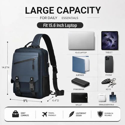 Sling Bag Large Capacity: Crossbody Bag for Men Fits 15.6 Inch Laptop A4 Files with Anti Theft USB Port - color: 39-dark Blue