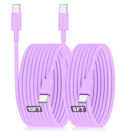 Hzevn 60W USB C Charging Cable for MacBook Pro/Air & for iPhone 16/15 Pro Max, MFi Certified 20V/3A Super Fast Charger Cord 6ft+10ft, PD 3.0 Compatible with iPad Pro 12.9/11, Samsung S25/S24(2-Pack) - color: Purple, size: 10FT + 6FT