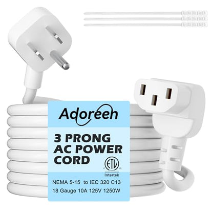 Adoreen 15 Ft Computer TV Replacement Power Cord White, Low Profile Flat Plug to 90 Degree Angled L-Shaped 18AWG 3-Prong AC Universal Power Supply Cable for Printer, PC, Monitor TV LCD, ETL+Ties - size: 15FT, style: Angled to Angled