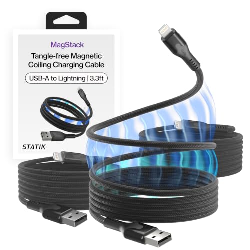 Statik MagStack USB A to Lightning Coiling Magnetic Charging Cable, 12W | MFi-certified Nylon Braided Tangle-Free, Magnetic Coiling, Data Transfer, Compatible with iPhone & iPad, 3FT Black, 3 Pack - color: Black, size: 3ft (3 Pack), style: USB-A to Lightn