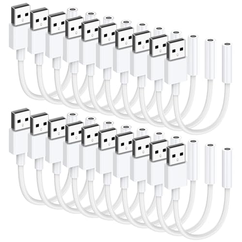 USB to 3.5mm Audio Jack Adapter (20 Pack), Audio Aux Cable External Stereo Sound Card, USB to 3.5mm TRRS Female Headset for PS5 PS4 Headphone PC Laptop Linux Desktops and More Device - size: 20 Pack