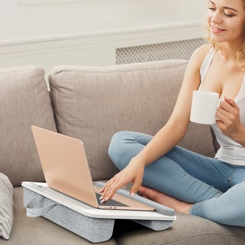 Besign LT08 Laptop Stand, Portable Lap Desk with Pillow Cushion, Fits up to 14 inch Laptop, with Anti-Slip Strip for Desk, Sofa & Bed, White and Gray - color: White and Gray