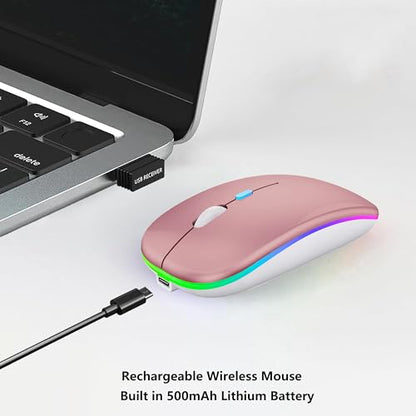 WREANU Wireless Bluetooth Mouse, Rechargeable Laptop Mice, Rose Gold | LED Lights Silent Slim Dual Mode(BT5.2 & 2.4G Portable USB Receiver) Computer Mouse for Laptop/iPad/Tablet/Computer/Mac - color: Rose Gold Wireless Bluetooth Mouse