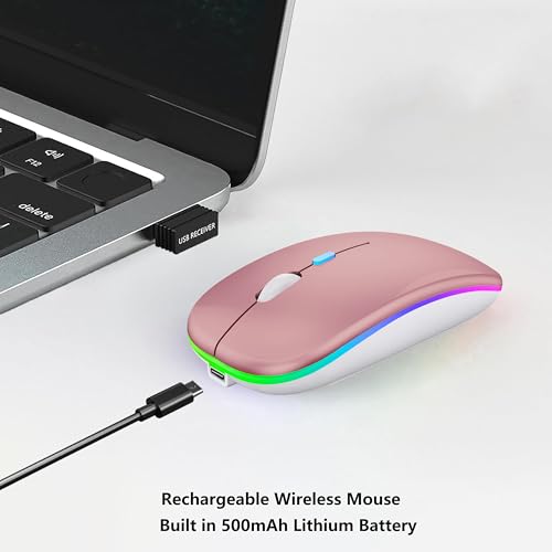 WREANU Wireless Bluetooth Mouse, Rechargeable Laptop Mice, Rose Gold | LED Lights Silent Slim Dual Mode(BT5.2 & 2.4G Portable USB Receiver) Computer Mouse for Laptop/iPad/Tablet/Computer/Mac - color: Rose Gold Wireless Bluetooth Mouse