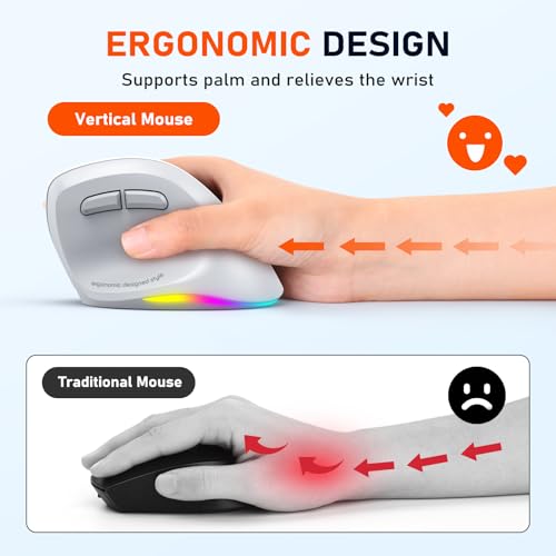 MEETION Ergonomic Wireless Vertical Mouse, Rechargeable, Gray | Bluetooth 5.2 + 3.0 and USB connectivity, RGB backlight, 4 DPI adjustment, compatible with Windows, Mac, Android, PC and iPad - color: Right Gray