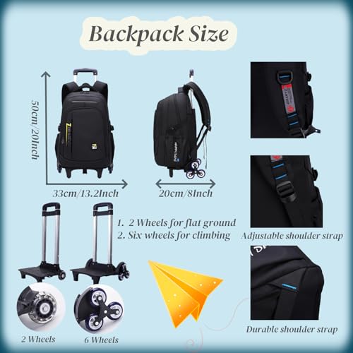 VIDOSCLA Black Kids Boys Rolling Backpack Teens Carry-on Luggage with Wheels Trolly BookBag for School-2 Wheels - color: A1# Black Blue-2 Wheels, style: A1# 2 Wheels