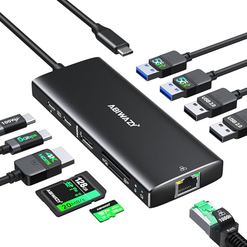 USB C Hub Multiport Adapter, ABIWAZY 10 in 1 USBC to Ethernet Adapter with 4K HDMI, Ethernet Gigabit, 100W PD, USB-C Data Port and SD/TF Slot for MacBook Pro/Air, Dell XPS, iPad Pro - color: Black, size: 10-in-1