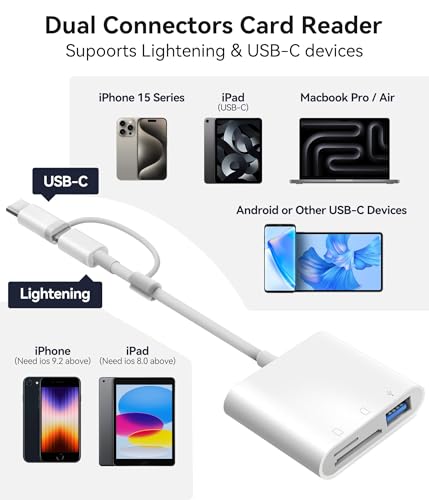Oyuiasle SD Card Reader for iPhone iPad Trail Camera Viewer 3-in-1 SD Adapter with Dual Slots & USB Port, Memory Card Adapter Dual-connector Design with Lightening&USB-C for Photographers, Plug & Play - size: 3 Slots