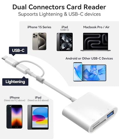 Oyuiasle SD Card Reader for iPhone iPad Trail Camera Viewer 3-in-1 SD Adapter with Dual Slots & USB Port, Memory Card Adapter Dual-connector Design with Lightening&USB-C for Photographers, Plug & Play - size: 3 Slots