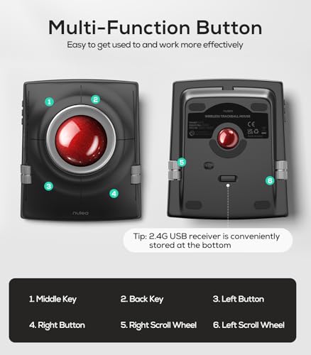 Nulea Wireless Trackball Mouse Ergonomic 55mm Large Ball Ambidextrous | Rechargeable mouse with free spin scroll wheel,quiet clicks,Bluetooth USB connection,smooth tracking,PC Mac compatible