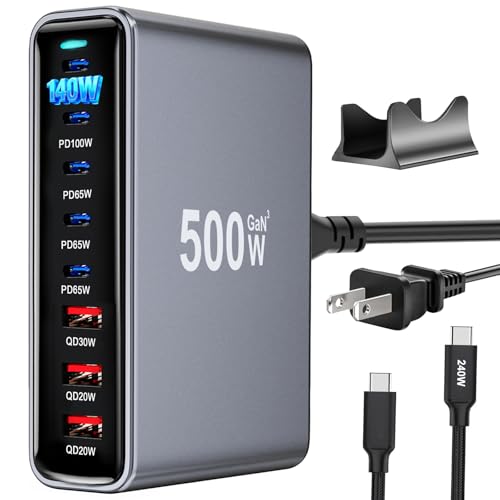500W USB C Fast Charger Block, PD3.1 140W Multi-Port USB Charging Station, GaN Ⅲ PD PPS Fast Charging Station for Multiple Devices,Laptop Wall Charger Compatible with iPhone 17/iPad/MacBook etc - size: 500W+A 240W Braided Nylon Fast Charging Cable