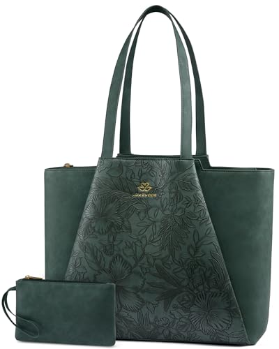 LOVEVOOK Laptop Tote for Women - 15.6 Inch Faux Leather Laptop Bag with Clutch, Large Capacity Office Purse Computer - color: Green Embossed, size: 15.6 inch