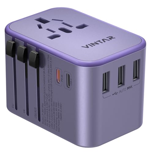 Universal Travel Adapter, VINTAR 35.5W International Power Adapter with 3 USB A QC and 2 USB C PD, All in One Plug Adapter Worldwide Travel Essentials for EU/UK/USA/AUS(Type C/G/A/I), Purple - color: 35.5W Purple