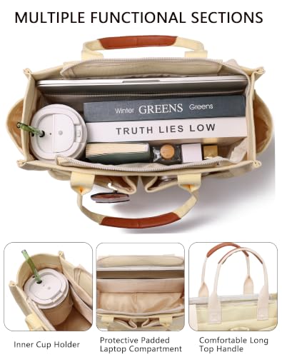 Canvas Tote Bag for Women,Women's Bags Crossbody Bags Work Laptop Tote Bag Large Handbags Purse for Travel Nurse Teacher - color: New Upgrade Beige With Compartments and Side Cup Holders