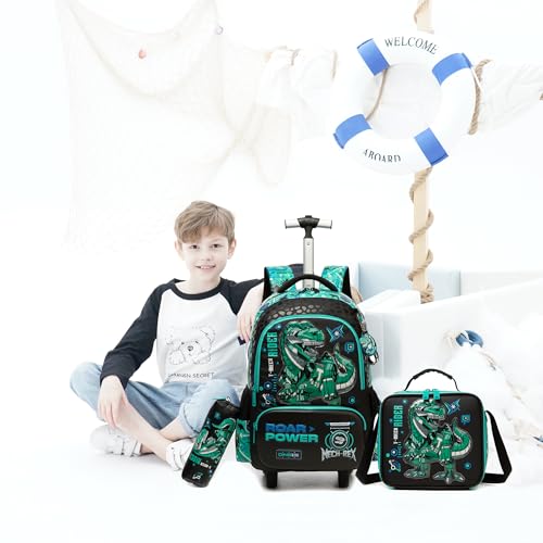 Meetbelify Boys Rolling Backpack with Wheels for Elementary Preschool Students Kids Travel Luggage Carry on Backpack for Boys Ages 6-8 Dinosaur - color: 02 Dinosaur