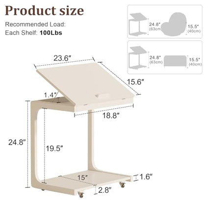 AQIMUELE Wooden C-Shaped End Table,Couch Table with Adjustable Desktop,Small Rolling Side Table with 2 Lockable Wheels 23.6" Width,Small End Table for Couch, Living Room,Bedroom (White) - color: White, size: 15.6"D x 23.6"W x 24.8"H, style: Modern 2 Tier